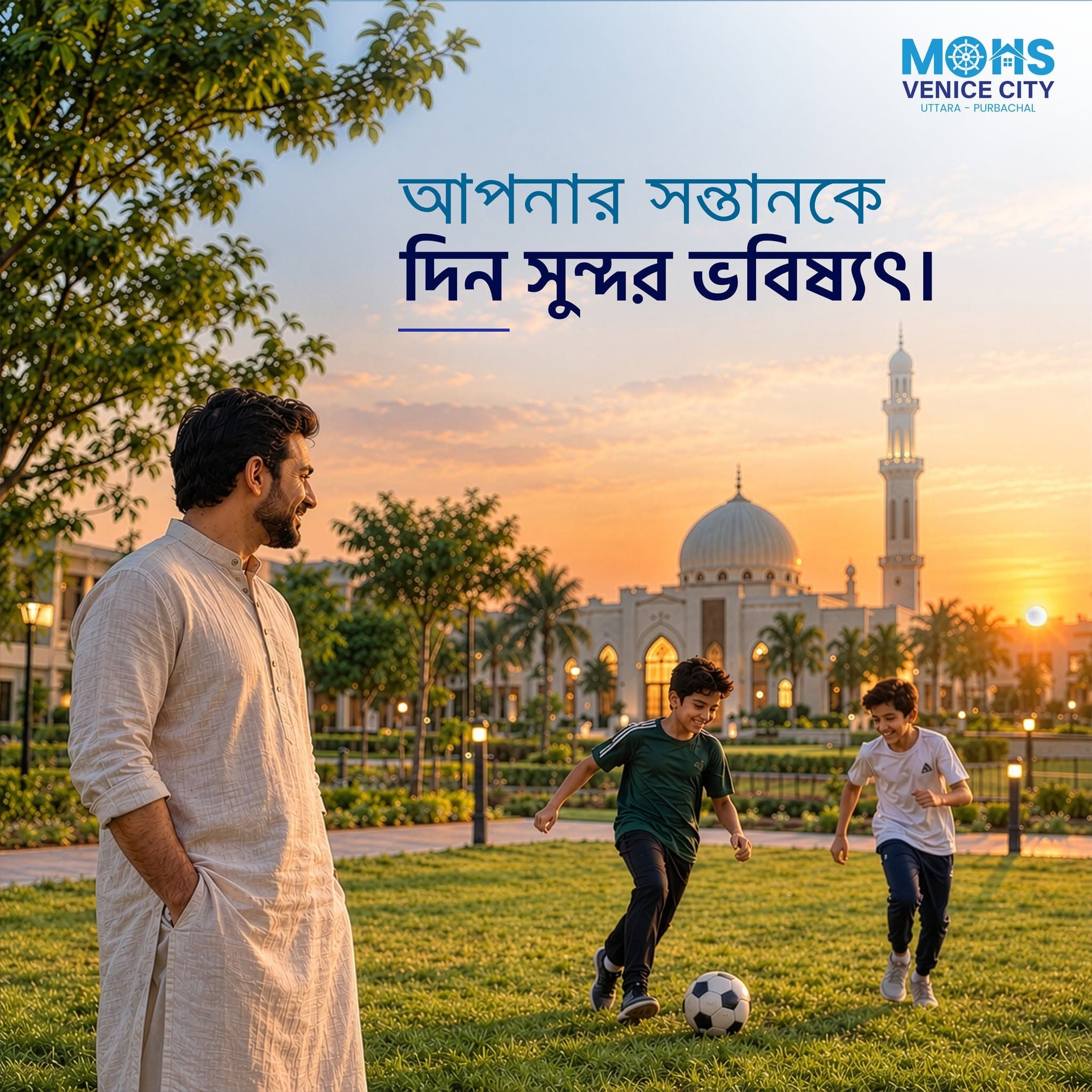 যেখানে থাকবে খেলাধুলার উন্মুক্ত পরিসর, প্রকৃতির সান্নিধ্য, ইসলামী সংস্কৃতির চর্চা এবং একটি সুপরিকল্পিত কমিউনিটি।
আপনার পরিবারের আগামী দিনের স্বপ্ন পূরণে MOHS Venice Islamic City হতে পারে একটি পরিকল্পিত আবাসনের ঠিকানা।
আপনার সন্তানকে দিন সুন্দর পরিবেশে বেড়ে ওঠার সুযোগ।
📞 বিস্তারিত জানতে যোগাযোগ করুন
: +880 1325-088196 | +880 1335-149006
🌐 ওয়েবসাইট: mohsrealestate.com